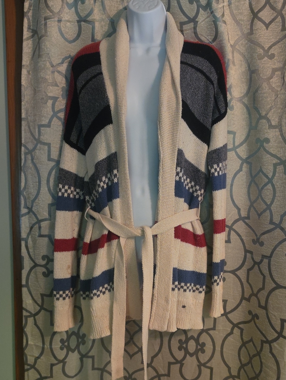 AE Cream Striped Belted Cardigan Sweater with Navy & Red Accents